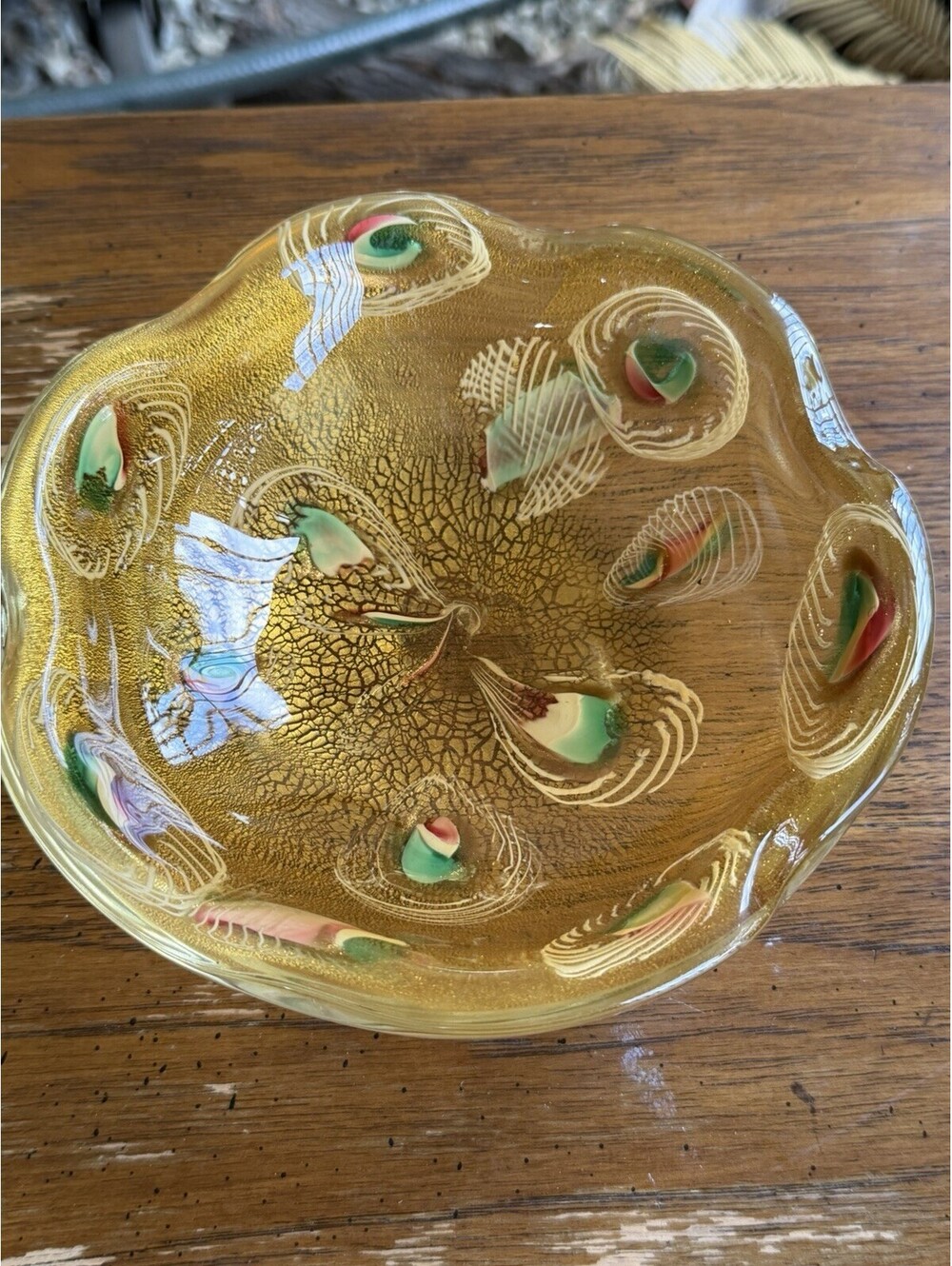 Vintage Murano Italian Art Glass Gold Aventurine Tutti Frutti Bowl Mid Century